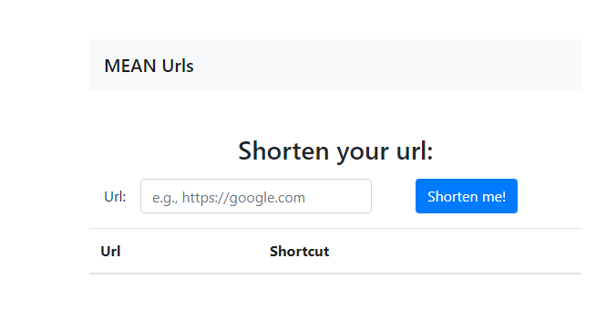 A start page for the web application with a form, a button, and an empty results table